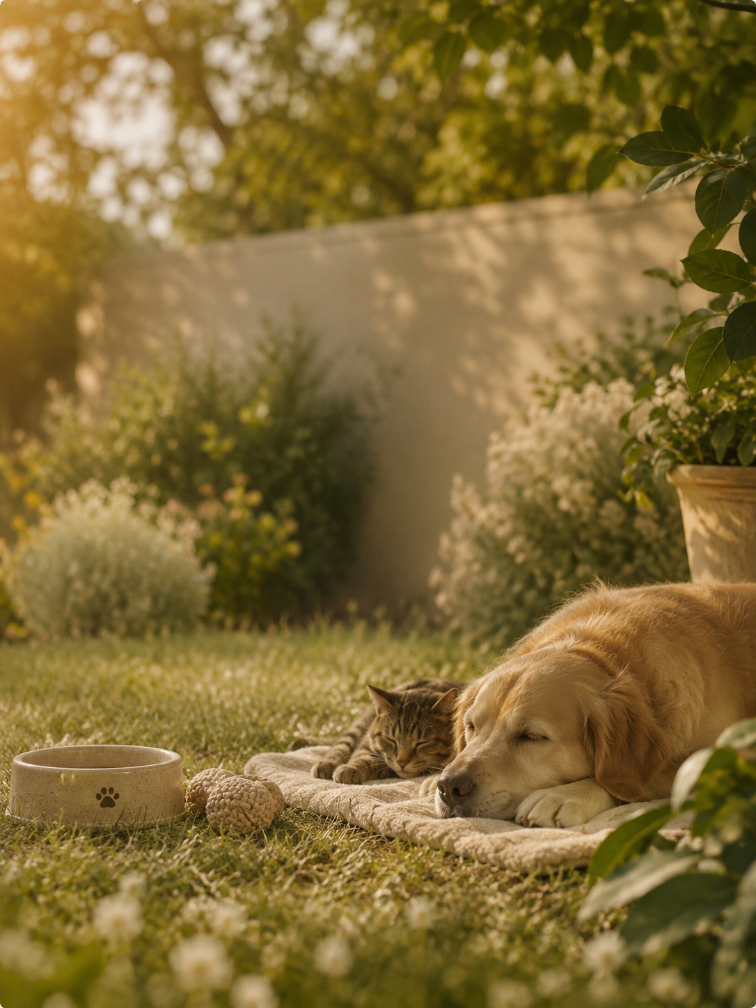 Golden retriever and tabby cat resting peacefully together in a sunny garden